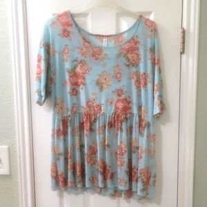 🌟 Piphany Blue and Pink Floral 3/4 Sleeve Blouse